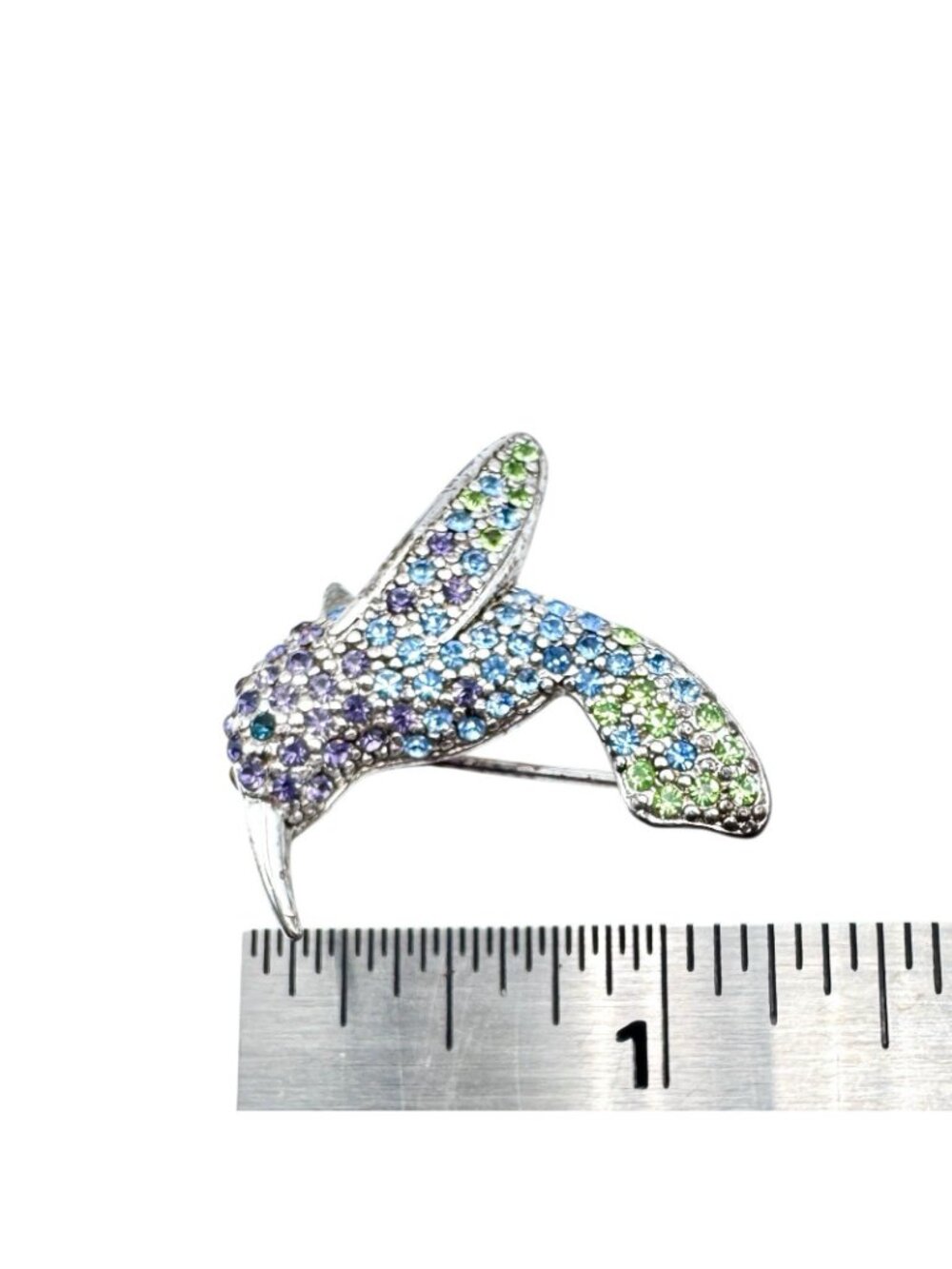 Monet Hummingbird Brooch Pin Silver Tone Pave Purple Blue Green Rhinestones 1" - Picture 13 of 16